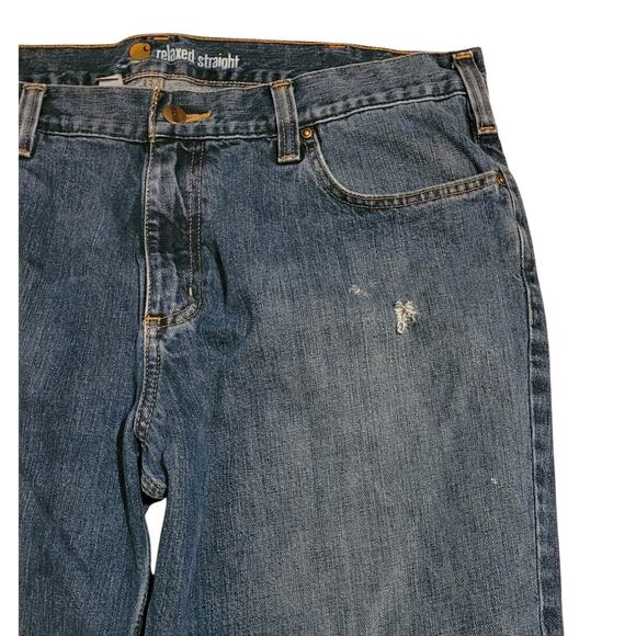 Carhartt Men Relaxed Straight Jeans 38x30 Blue Denim Distressed Workwear Utility - Picture 8 of 12